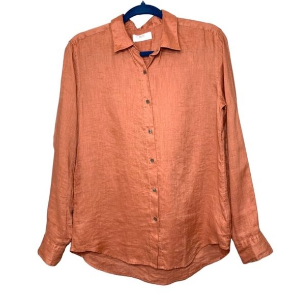 Uniqulo Rust Brown 100% Linen Button Up Shirt Women Sz S Boyfrien - Picture 1 of 10
